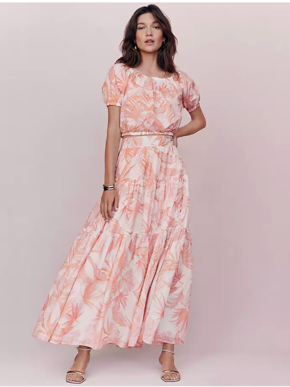 Ann Taylor Coral Pink Floral Tiered Maxi Skirt